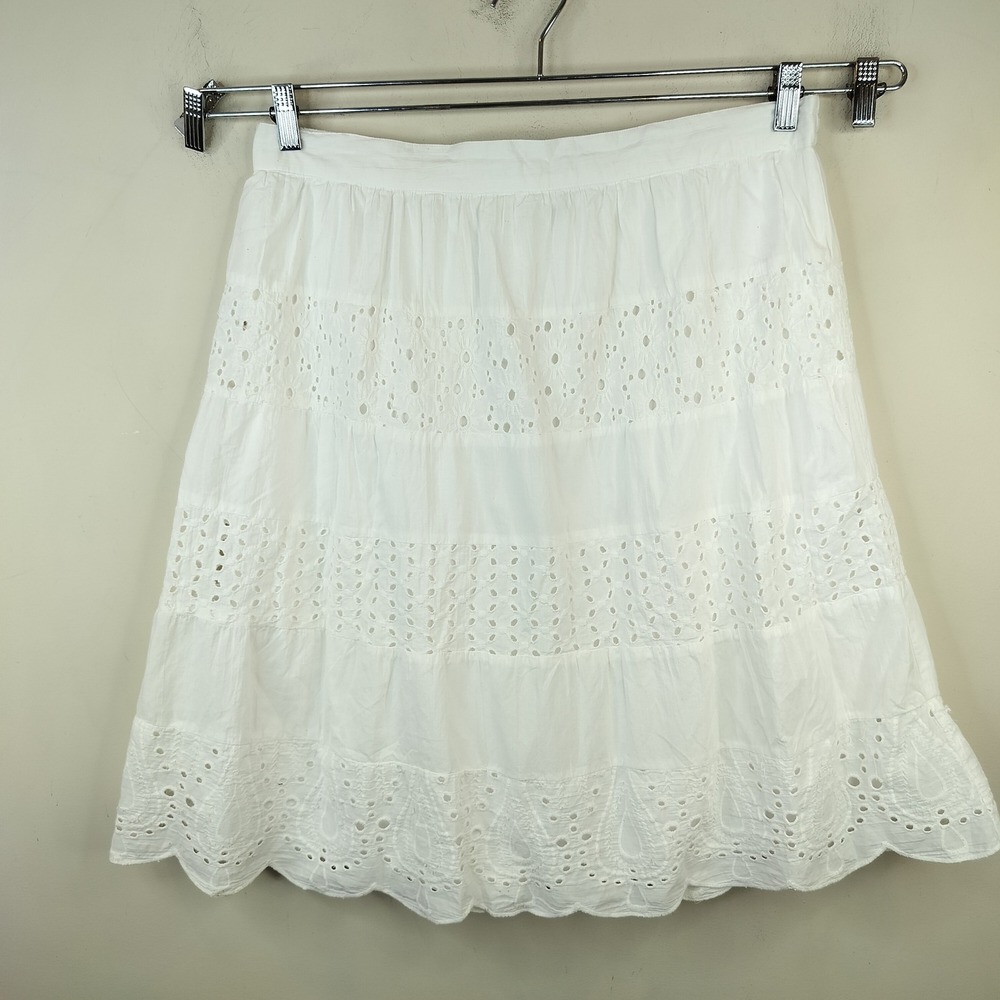 Studio West Eyelet White Cotton Skirt XL Lace Tiered Midi Boho Cottagecore